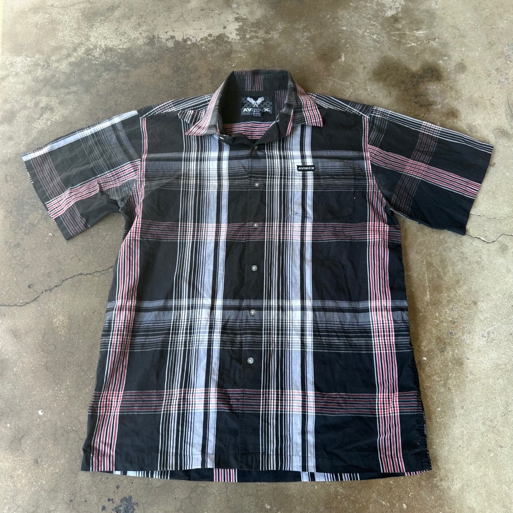 Avirex Button Up Shirt Mens XL Black Good Plaid Short Sleeve Streetwear